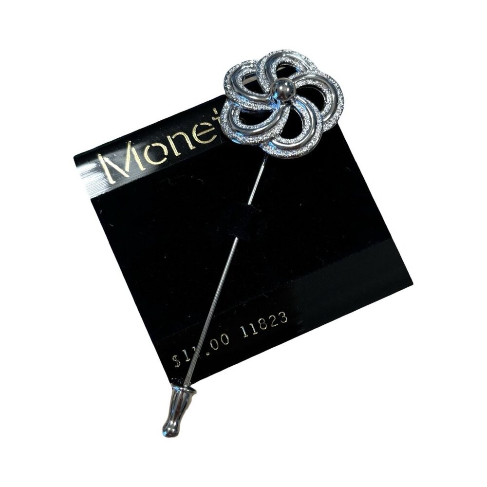 Monet Signed Vintage Hat Scarf Pin Flower Silver tone Floral Delicate NWT